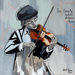 Dreams in Lonely Notes. Boy with Violin in Grey Tones